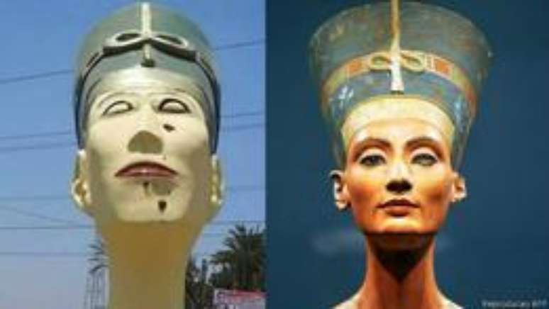R&eacute;plica de Nefertiti feita no Egito e busto famoso da rainha: usu&aacute;rios na internet criticaram escultura 'feia'