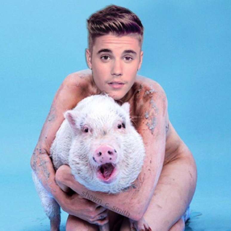 Miley Cyrus posta no Instagram montagem de Justin Bieber nu abraçando um porco, em referência à uma foto que ela fez com o mesmo animal