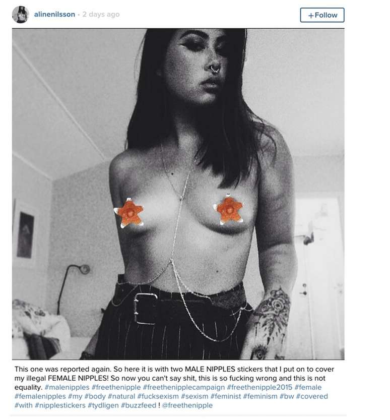 Mulheres colocam mamilos masculinos em fotos por protesto