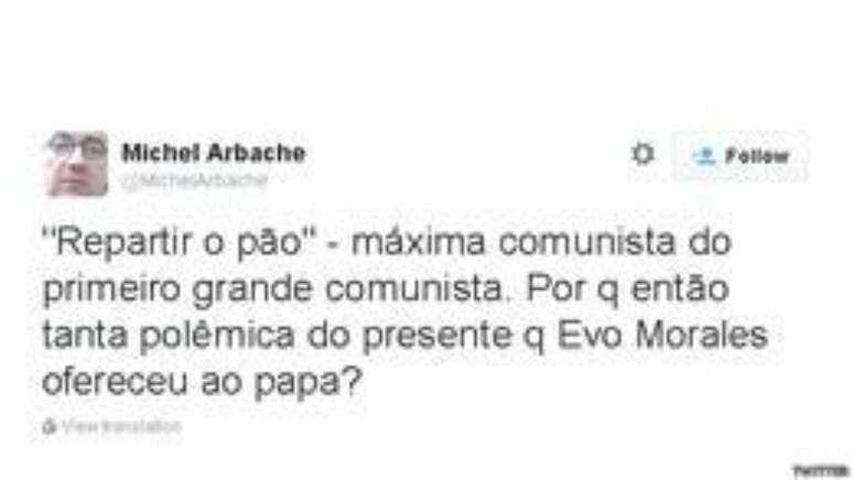 @MichelArbache: "Repartir o pão - máxima comunista do primeiro grande comunista. Por que então tanta polêmica do presente que Evo Morales ofereceu ao papa?"