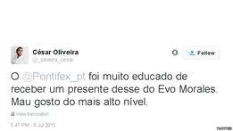 @_oliveira_cesar: "O Papa foi muito educado de receber presente desse do Evo Morales. Mau gosto do mais alto n&iacute;vel"