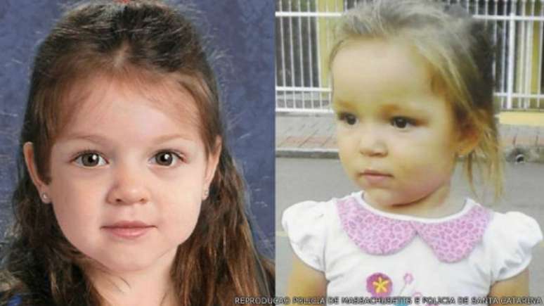 À esquerda, recostituição do rosto de menina encontrada morta, em saco de lixo, nos EUA; à direita, foto de Emili Anacleto, desaparecida em Santa Catarina há três meses