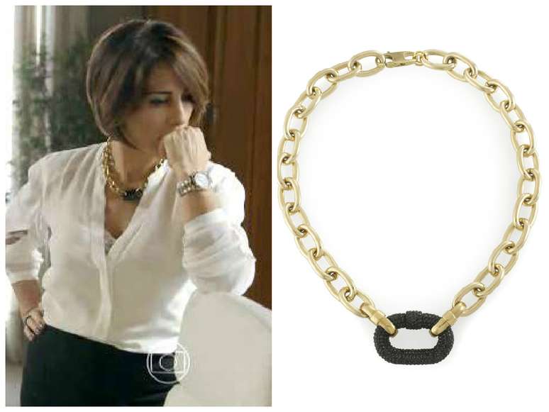 O colar de corrente da Beatriz (Gloria Pires), de Babil&ocirc;nia, &eacute; da Swarovski. Pre&ccedil;o: R$ 949. Informa&ccedil;&otilde;es: (11) 3816-7111