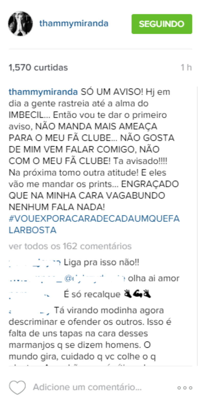 Thammy Miranda responde a ameaça de internauta