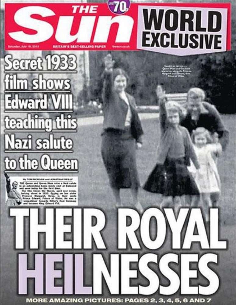 Rainha Elizabeth II fazendo a suposta saudação nazista (ao centro) estampa a capa do tabloide &#034;The Sun&#034;