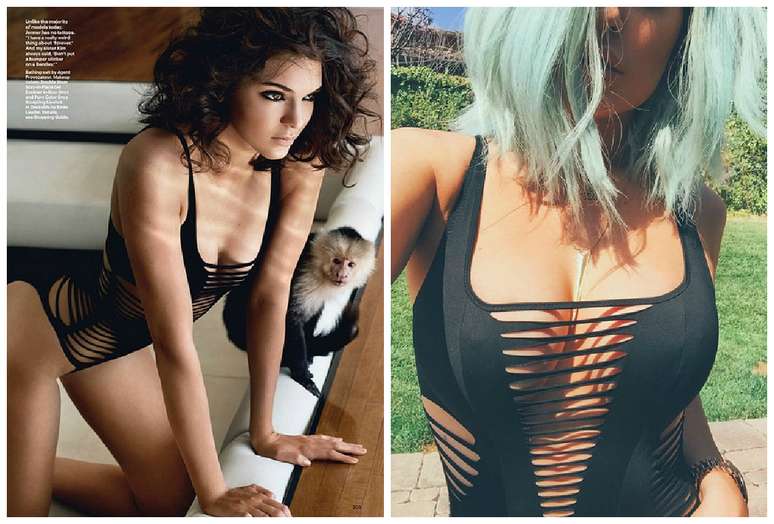 Kylie Janner, 17 anos, postou foto neste domingo com maiô de tiras supersensual.  Com cabelos azulados, depois de descoloridos, a irmã mais nova de Kim Kardashian não liga de mostrar seus dotes físicos. O maiô é o mesmo que foi usado por Kendall Jenner em ensaio da revista Allure em fevereiro