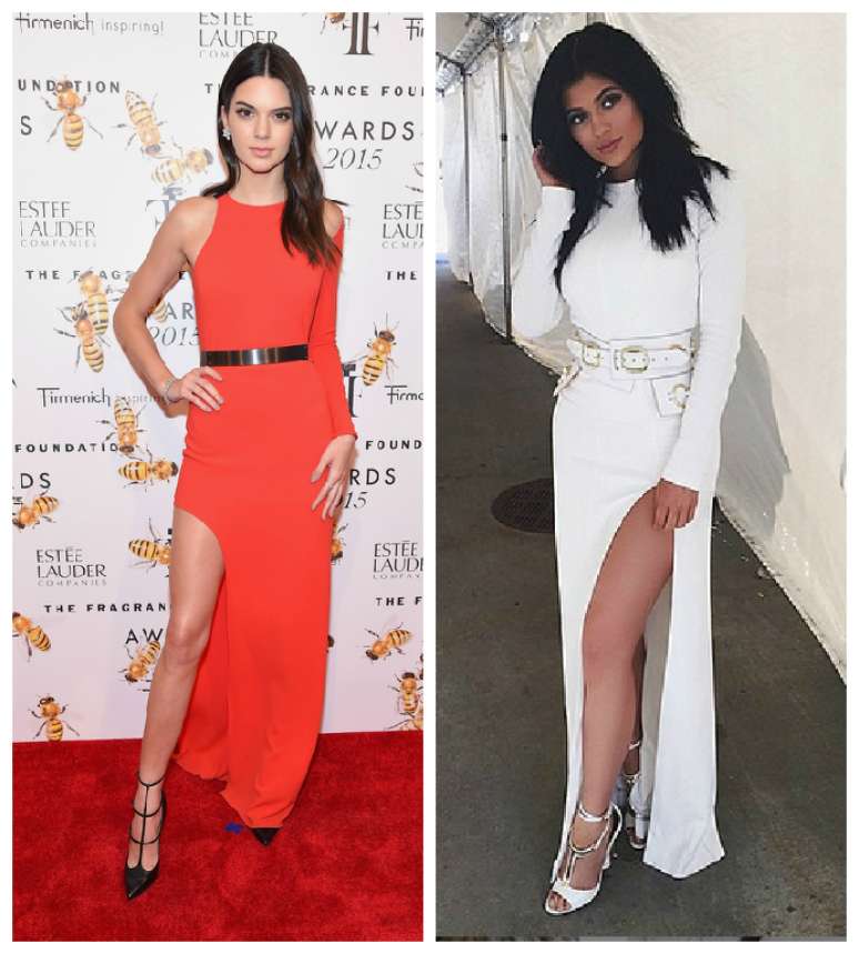 O modelo vermelho de Kendall Jenner enfatiza a fenda na perna, assim como o branco usado por Kylie