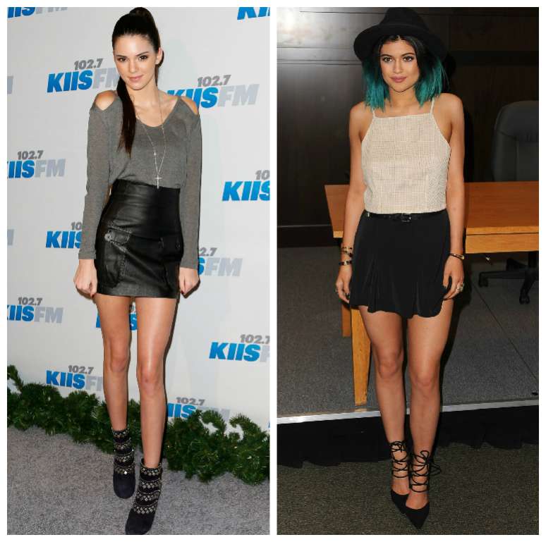 Aqui, a saia preta curta domina o look de ambas. Kendall combinou bota preta enfeitada e camiseta cinza; Kylie com regata, chapéu e pontas do cabelo azuis