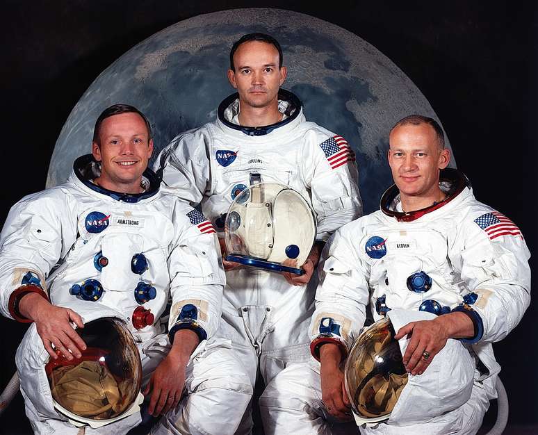Da esquerda para a direita: Neil Armstrong, Michael Collins e Buzz Aldrin