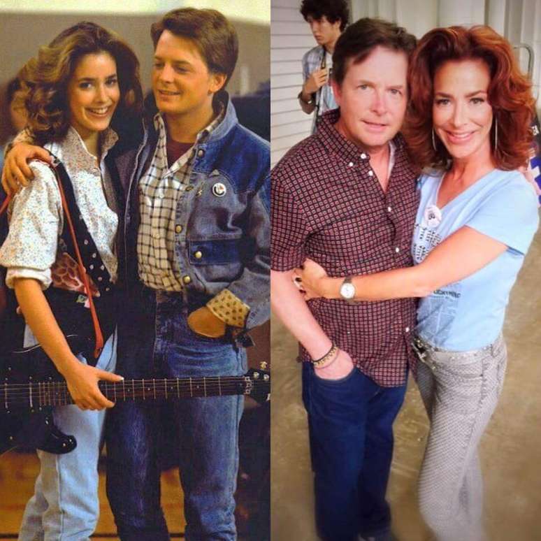 Os atores Claudia Wells (que interpretava Jennifer Parker) e Michael J. Fox (Marty McFly) posam juntos em dois momentos distintos: 1985 (à esq.) e neste domingo (19)