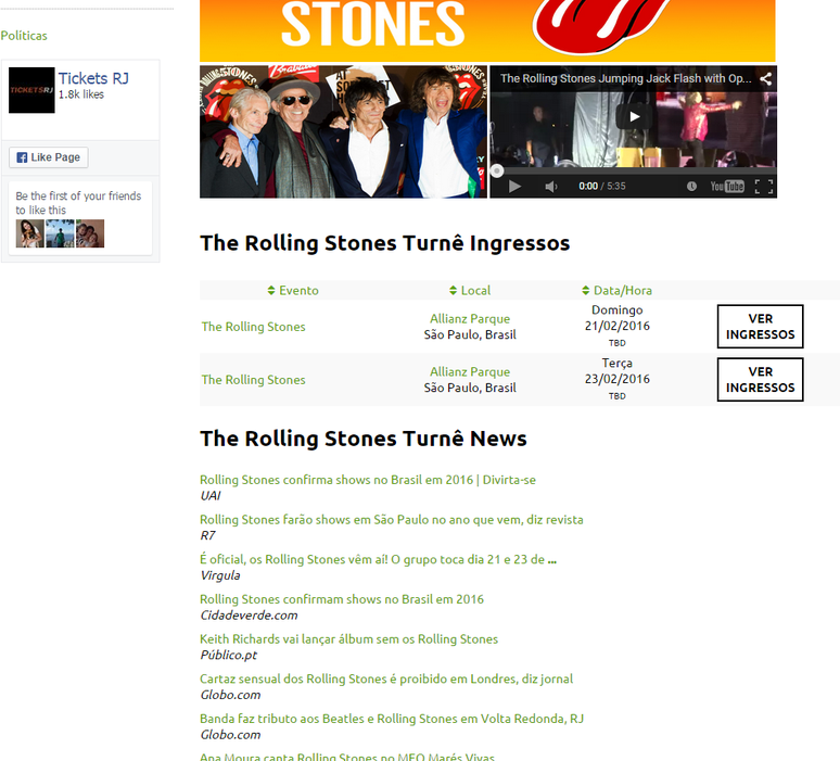 Site www.ticketsRJBR.com vende ingressos falsos para show dos Rolling Stones em São Paulo e relaciona notícias para autenticar a mentira