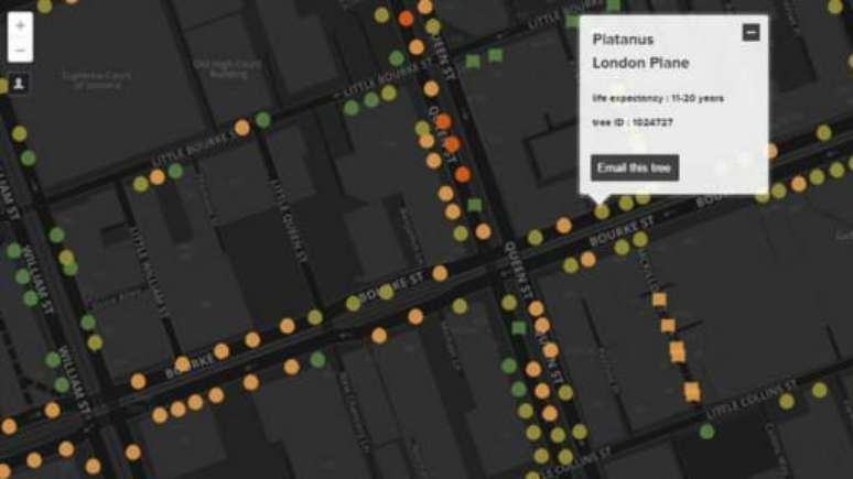 O sistema da Prefeitura de Melbourne permite ao usuário identificar as árvores da cidade num mapa.