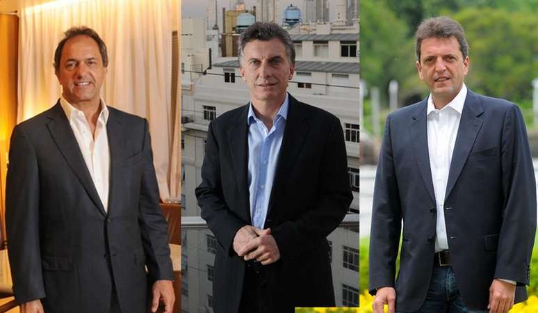 Daniel Scioli, Mauricio Macri e Sérgio Massa, principais candidatos que disputarão as primárias, neste domingo