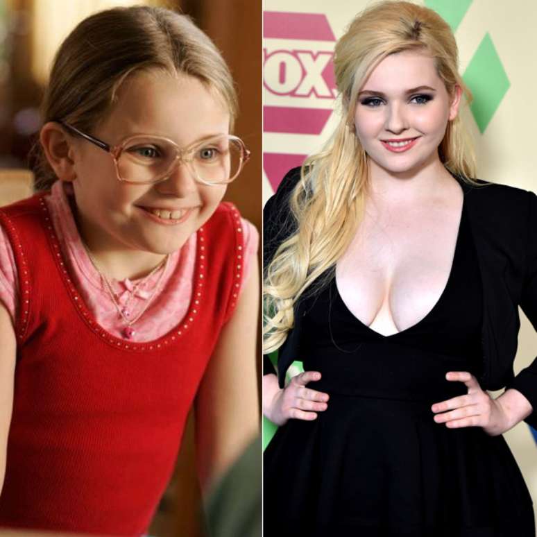 Abigail Breslin como Little Miss Sunshine (à esq.) e durante festa da Fox, na noite desta quinta-feira (6)