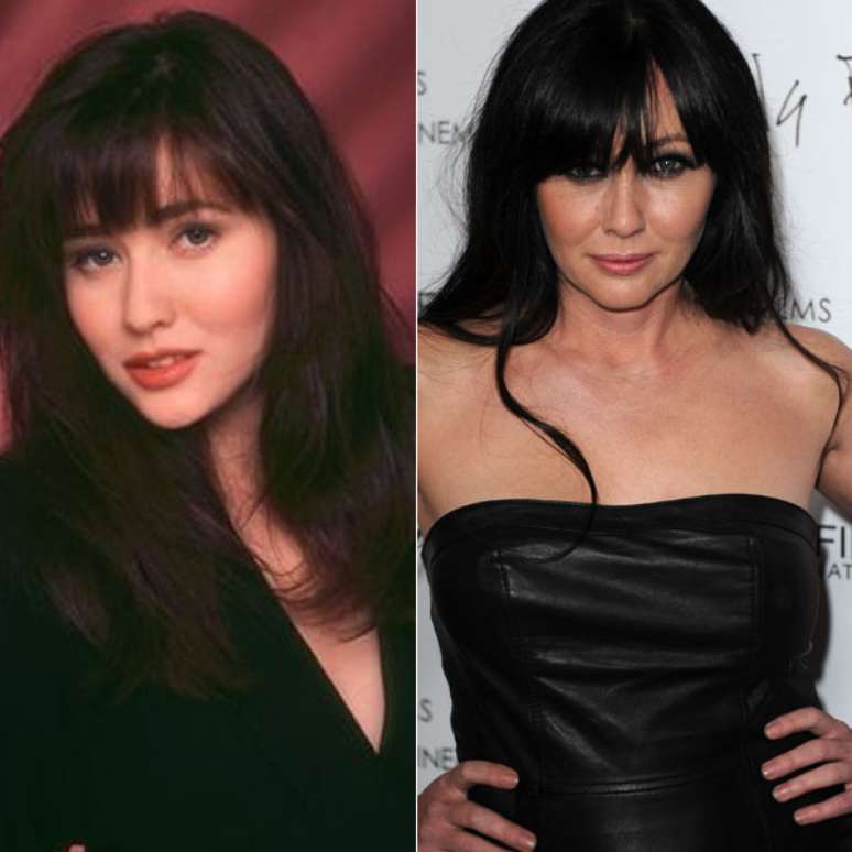 A atriz Shannen Doherty em dois momentos: nos anos 1990, como Brenda (à esq.) e no ano passado, antes de descobrir sua doença