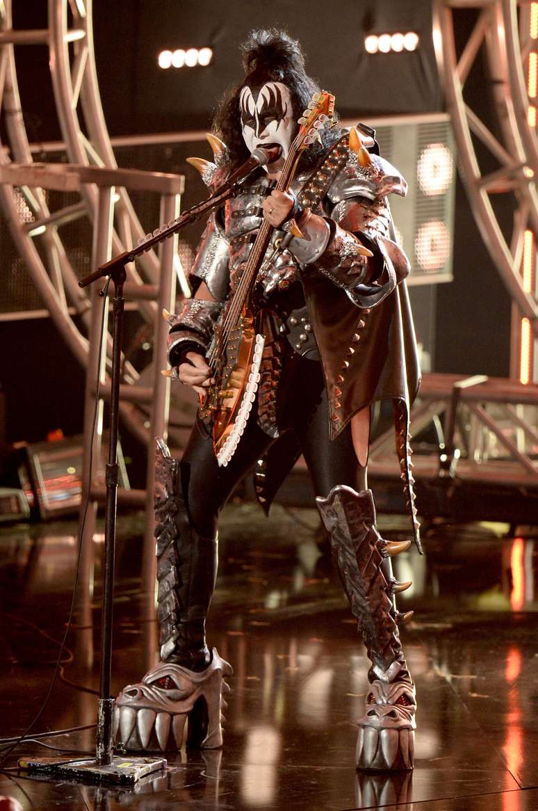 Gene Simmons durante performance com a banda Kiss, em Nova York, em setembro de 2014
