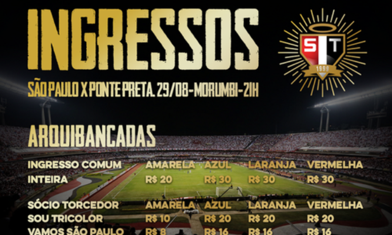 Tabela de preços para jogo entre São Paulo e Ponte Preta no próximo sábado