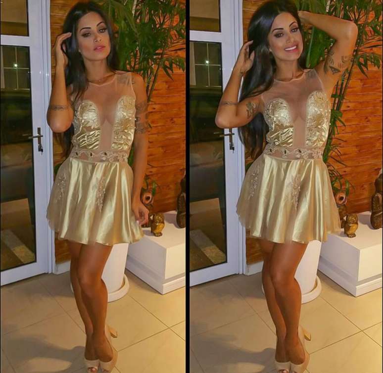 Nem para desfile de escola, como baliza, nem para festa de 15 anos. Esse look mostra demais no dorso e nas pernas. Falta equilíbrio e bom gosto