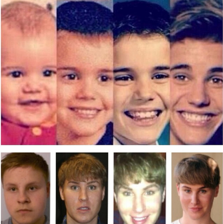 Montagem feita por Toby Sheldon (nas fotos abaixo) para mostrar a suposta semelhança com o cantor canadense Justin Bieber (acima)