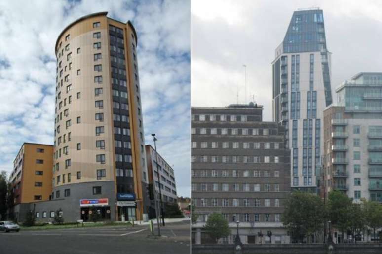 Entre os concorrentes ao prêmio estavam o City Gateway, de Southampton, apelidado de &#034;guimba de cigarro&#034; (esq.), que tem apartamentos com vista para uma parede; e o arranha-céus Parliament House (dir.)