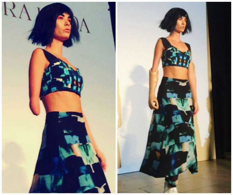 A modelo amputada Shaholly Ayers desfila com e sem a prótese para a grife Alexandra Frida