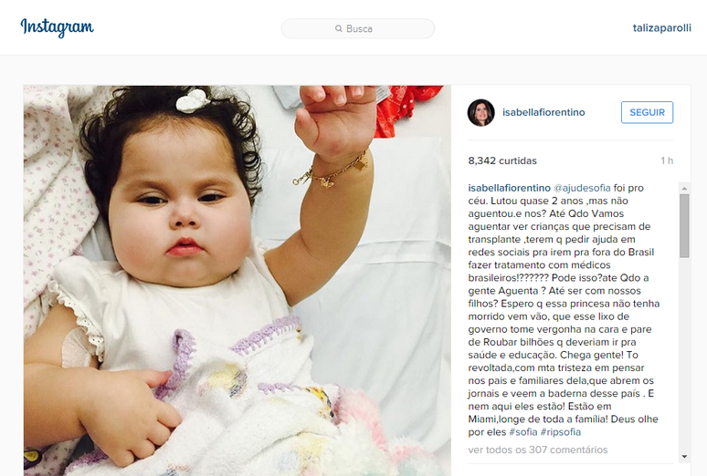 No Instagram, Isabella Fiorentino prestou homenagens