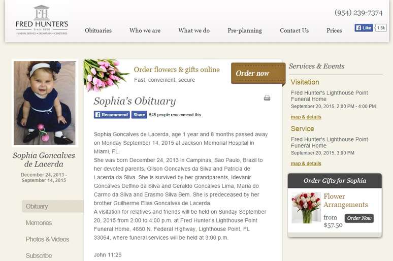 Site da funerária nos EUA anuncia cerimônia de Sofia.
