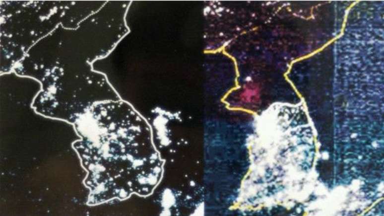 Foto de sat&eacute;lite mostra Coreia do Norte quase &agrave;s escuras ao lado da iluminada vizinha Coreia do Sul