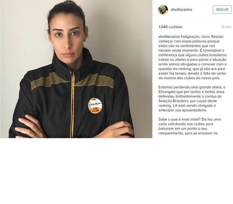 Sheilla protesta contra a CBV em sua conta oficial no Instagram
