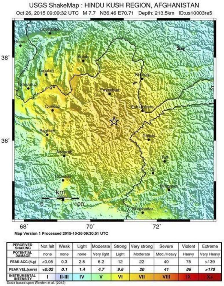 Imagem mostra a região afetada por terremoto nesta segunda-feira