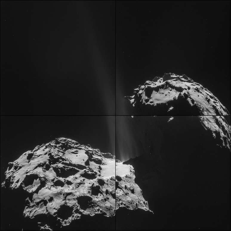 Montagem de quatro imagens feitas a 26,3 km do cometa Chury, que tem um núcleo de cerca de 4 km de diâmetro. A atividade no "pescoço" do cometa (centro da foto) é formada por gelos e gases que escapam do interior do cometa e geram correntes de poeira no espaço.