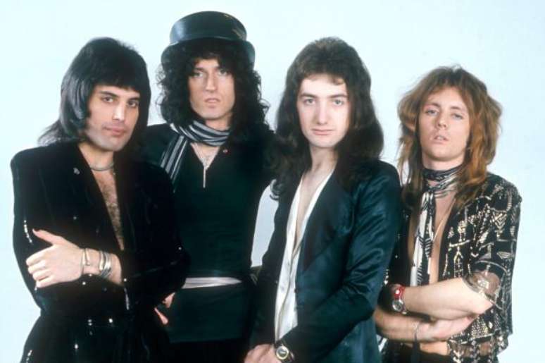 O Queen nos anos 1970 (da esquerda para a direita): Freddie Mercury, Brian May, John Deacon e Roger Taylor