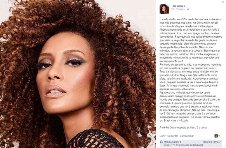 A atriz Taís Araújo sofreu ataques racistas em sua fanpage