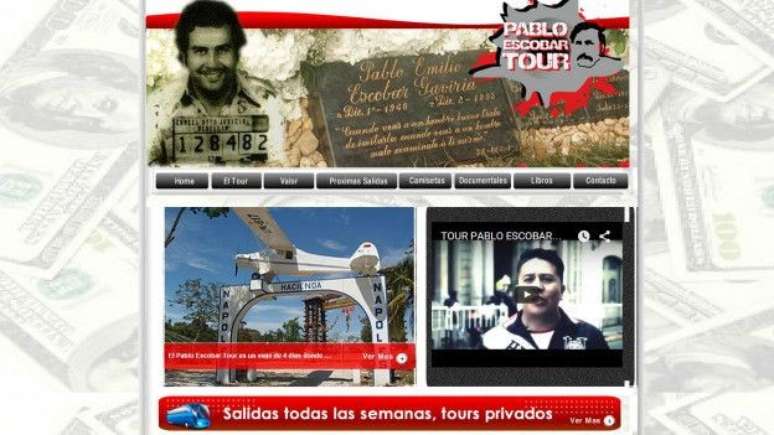 Site oferecendo o Pablo Escobar Tour, que tem passeio de 4 dias sobre história do traficante