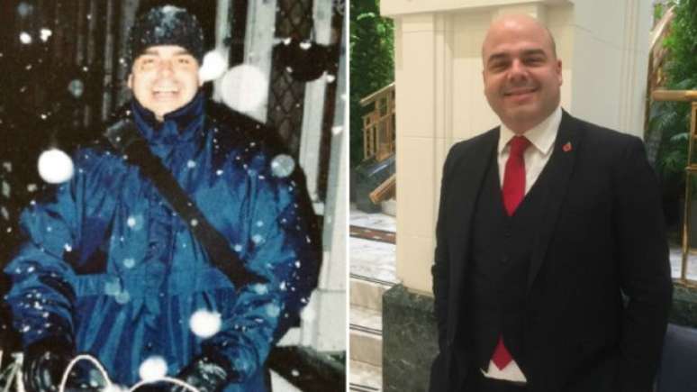 Antes e depois: Ferreira quando chegou ao Reino Unido há 12 anos, como garçom, e agora como vice-presidente de banco