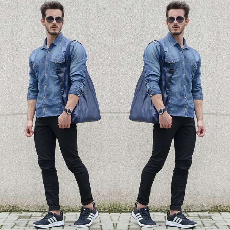 O fashionista Rodrigo Perek investe na tendência da camisa jeans