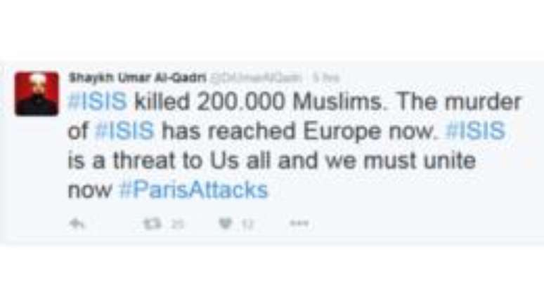 "Estado Islâmico matou 200 mil muçulmanos, e seus assassinatos chegaram agora à Europa. É uma ameaça para todos e devemos nos unir", tuitou outro
