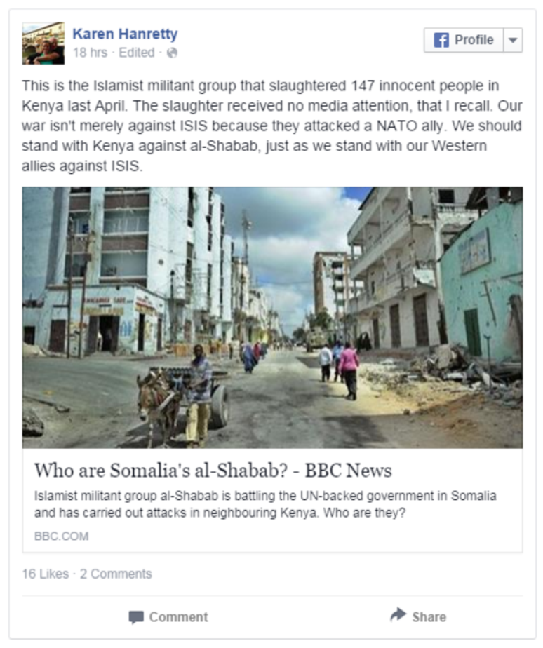 Em post, usuária reclama que ataque no Quênia "não recebeu nenhuma atenção da mídia".