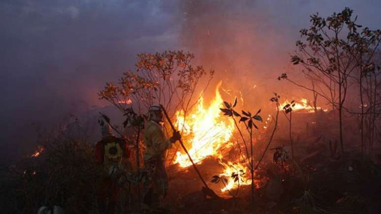 Brigadistas tentam conter fogo na área englobada pelo município de Mucugê