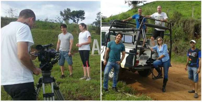 Rhoque e Renata em grava&ccedil;&otilde;es, com a equipe (Fotos: Divulga&ccedil;&atilde;o)