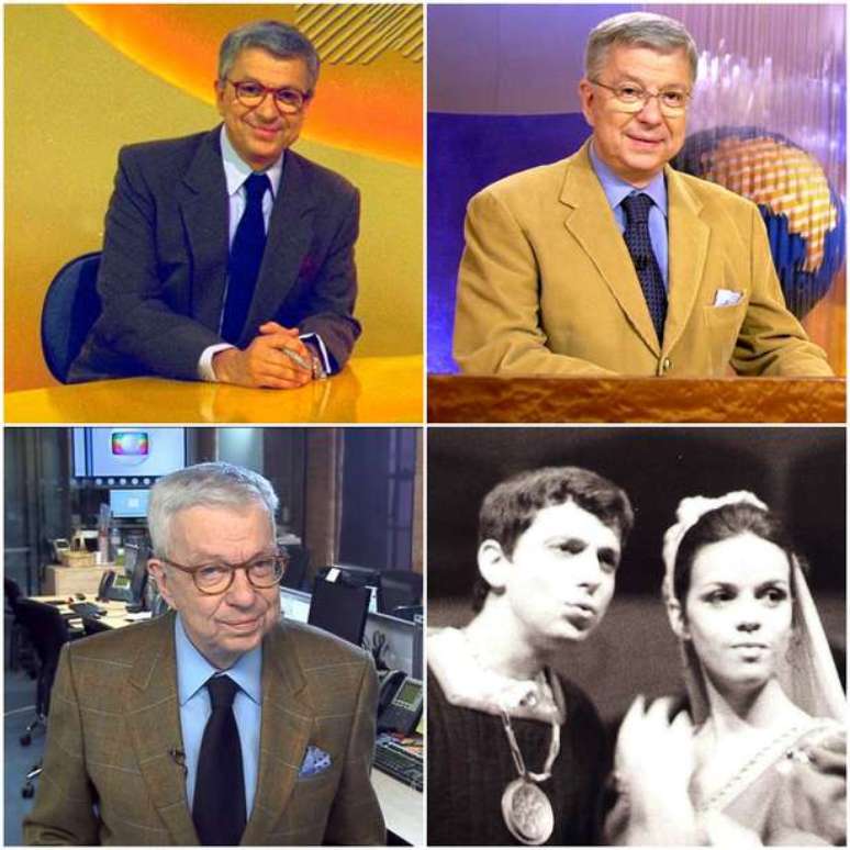 Acima, Machado na bancada do Bom Dia Brasil; abaixo &agrave; esquerda, na reda&ccedil;&atilde;o em Londres; e como Romeu, ao lado da atriz Clarisse Abujamra, no teatro, em 1969 (Fotos: V&acirc;nia Toledo/Livro Palco Paulistano e Divulga&ccedil;&atilde;o/TV Globo)