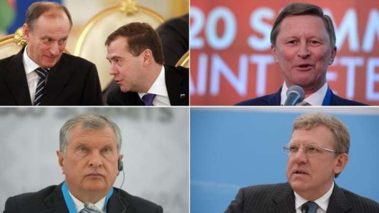 O c&iacute;rculo mais pr&oacute;ximo de Putin (em sentido hor&aacute;rio, do canto superior esq.): Nikolai Patrushev e Dmitry Medvedev, Sergei Ivanov, Alexei Krudin, Igor Sechin