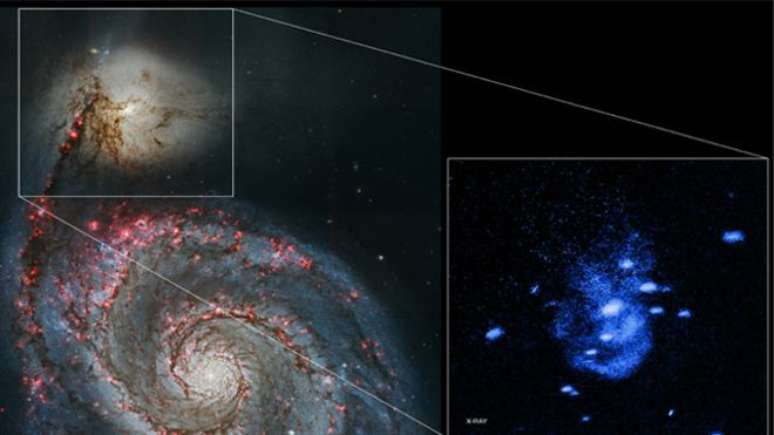 No destaque à esquerda, a galáxia NGC 5195 nos limites da "irmã" maior, a NGC 5194; à direita, a galáxia em visão de raio-X