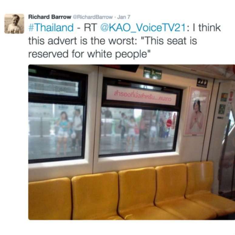Tuíte de blogueiro inglês critica anúncio que diz que cadeiras em metrô são reservadas para brancos
