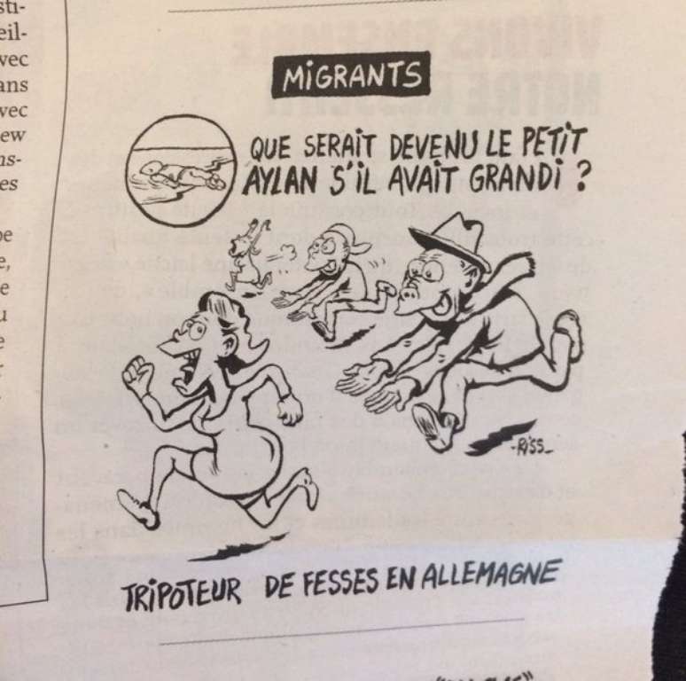 Charge de Charlie Hebdo, que relaciona morte de Alan com episódios de ataque sexual na Alemanha, foi criticada nas redes sociais