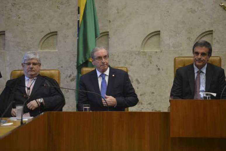 Na  solenidade  de  abertura do ano judiciário, Janot,  o presidente da Câmara dos Deputados, Eduardo Cunha, e o ministro da Justiça, José Eduardo Cardozo