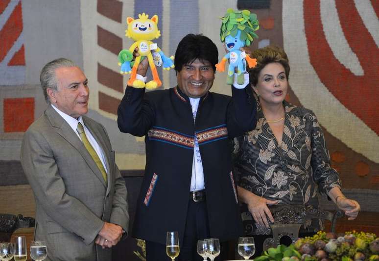 O Vice-presidente Michel Temer, o Presidente da Bolivia, Evo Morales e a Presidente Dilma Rousseff durante almoço no Itamaraty 