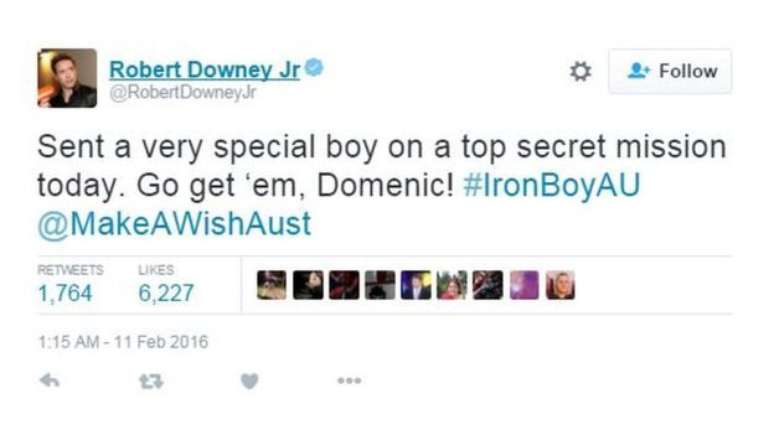 "Mandei um menino muito especial em uma missão ultrassecreta hoje. Pega eles, Domenic", escreveu o ator Robert Downey Jr. em um tuíte.