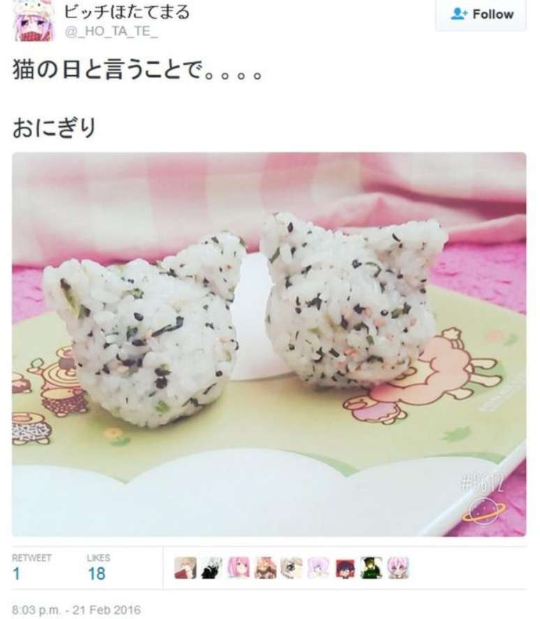 Alguns comemoram o Dia do Gato fazendo os bolinhos de arroz japonês com o tema