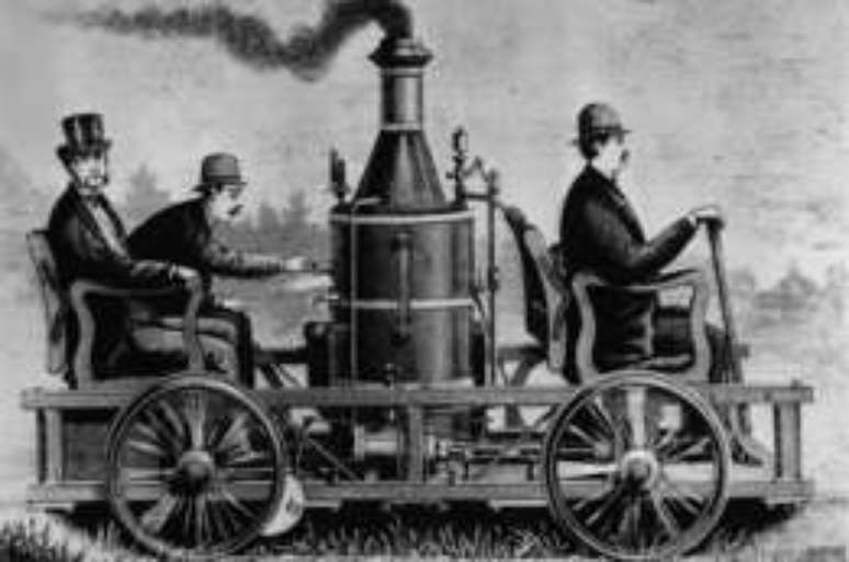 Um dos primeiros carros a vapor americanos, em imagem da década de 1860.
